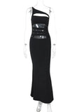Black One Shoulder Slit Design Maxi Dress- Outfit