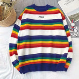Women Winter Loose Crewneck Rainbow Striped Sweater Ulzzang Chic Hot Selling Knitwear Jumper New Sweet Girl Trendy