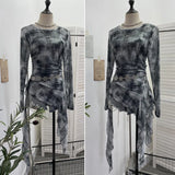 Print Double-Layer Mesh Long-Sleeved Top Design Feel Irregular Ribbon-Up T-Shirt