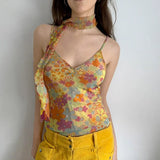 Zingj Wind Sexy Hot Girl Floral Tie Base Sling V Collar Pleated Show Chest Slim