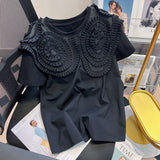Chic Sweet 3D Flowers Shirts for Women 2022 Spring Summer Short Sleeve Graphic T Shirts Causal O-neck Korean
