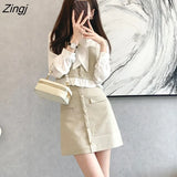 Women Sets Blouses Patchwork Ruffles Skirts Mini Button Elegant Sweet Fashion Korean Spring Simple Casual Retro Outfits Hot
