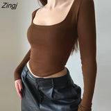 Women's Spring Autumn Skinny Basic Crop Tops Solid Color Long Sleeve Square Collar Slim Fit Pullover