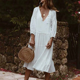 Summer New Lace V-Collar Ins Casual Loose Lace Stitched Seven-Sleeve Cake