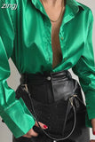 Long Sleeve Blouses Women Tops 2023 Vintage Blue Green Silk Shirt Casual Loose Button Up Female Shirts Fashion Tops