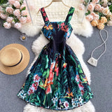 Spring New Sling Dress Seaside Vacation Tropical Printing, Shoulder Slimming And Skinny Skirt