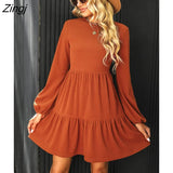 PETAL Burnt Orange Ribbed Tiered Mini Dress For Woman O-neck Long Sleeve Party Dress 2023 Spring Autumn Female