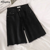 Women Black Straight Trousers Fur-lined Half Zippers Fly Denim Bottom Harajuku Pocket-shorts Streetwear Stretchy Mujer