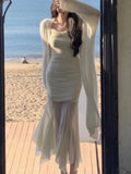 Mesh Long Sleeve Midi Dresses for Women 2023 Autumn Fashion Vintage Slim Party Sexy Evening Vestidos Female Clothes