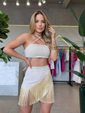 Sexy Tassel Women Two Piece Skirt Halter Lace Bra Tassel Mini Skirt Suit Beach Vacation Casual Female Bathing Suit