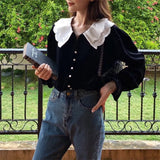 French Style Black Velvet Shirt Double Lace Collar V-neck Lantern Sleeve Chic Autumn Blouse Womens Velour Tops