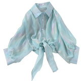 Woman Blouses Sparkles Shinning Chiffon Shirts Button Up Women's Blouse shirts Tied Up Waist Transperant