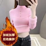 Zingj Velvet Soft Waxy Sweater Female Winter Add Velvet Warm Half Turtleneck Bottom Shirt Female Design Sense Simple Inside The