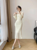 Hollow Lace Patchwork Midi Dresses for Women 2023 Autumn New Elegant Evening Prom Party Long Sleeve Slim Female
