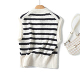 French Lazy Style Black And White Striped Knitted Vest In