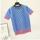 Summer Women Knitted Sweater European Style Cartoon Pattern Fashion Jacquard Round Neck Short Sleeve Casual Jumpers