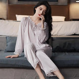 Women Pajamas Sets Sexy Lace Turn-Down Collar Pyjamas Sleep Suit Spring Summer Rayon Nightwear Casual Sleepwear Home