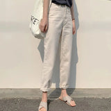 Zingj Waist Jeans Female 2024 New Autumn Thin Model Versatile Show Thin Loose Straight Tube Nine Points Trend White Pants-Outfit