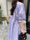 Kitty Normcore Chic Lantern Sleeves Maxi Dress Women Hollow Out Summer 2022 Slim Close Waist Solid New Sweet Casual