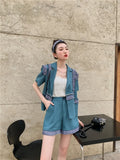 2 Piece Sets Womens Outfits Summer Blazer Shorts Set Vintage Stringy Selvedge Blue Fashion Top And Short