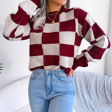 2025 Street Wind Hit The Color Lattice Long-Sleeved Knitted Sweater Women's
