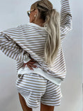 And Winter New Ladies Casual Striped Suit Long-Sleeved V-Neck Loose Top Sports Shorts Two-Set