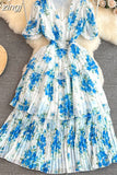 Women Floral Chiffon Draped Long Dress Vintage V-Neck Short Puff Sleeve High Waist Ruffle Pleated Vacation Beach Robe