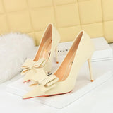 Zingj Korean Version Fashion Thin Heels, Silk, Shallow Pointed Bow Single High Heel Women's