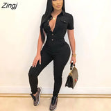 Women Jumpsuit Solid Color Summer Casual Lapel Neck Work Overalls Ladies Skinny Button Long jumpsuit