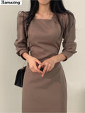 Women Chic Square Collar Dress OL Ladies Puff Long Sleeve Slim Waist Vestdios Female Lace-Up