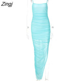 Mesh Slim Slip Dress Summer Women Leisure Style Solid Color Micro-perspective Ruched Sleeveless Split Long