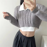 Zingj Version Of Short Pullover Sweater Female Loose V-Neck Pure Color Twist Crop Casual Long Sleeve Knit Jacket