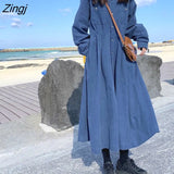 Sleeve Dress Women A-Line Simple Casual Button Female Mid-Calf Solid Turn-down Collar Empire All Match College Spring