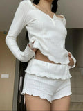 Women 2 Pieces Summer Y2K Outfits Solid Color Fairy Lettuce Trim Long Sleeves Tops and Elastic Shorts Club