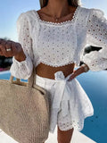 Solid Two Pieces Sets Women Square Collar Puff Sleeve Short Top High Waist Lace Up Shorts Casual Beach Loose Shorts