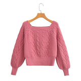 New Square Collar Long-Sleeved Twist Textured Short Sweater In