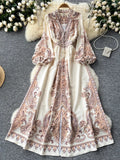 Vintage Dress Women's High-End V-Collar Lantern Sleeves Show Thin Waist Fashionable Print Forked