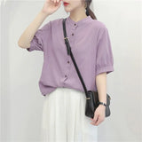 2023 Summer Cotton Shirt Women's Lantern Sleeve Retro White Shirt for Women Short Sleeve Fashion Women Blouses Casual