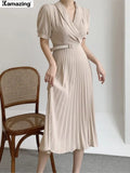 Women Elegant Casual Midi Dress Office Lady Puff Sleeve Pleated A-Line Dress 2022 Fashion