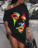 Zingj Hot Style Autumn Print Metal Buckle Diagonal Shoulder Neck Button Dress
