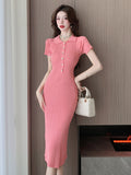 Zingj Real Shot Is Pure, Stylish, Sexy, Slim, Thin, Lapel, Short-Sleeved, Knitted, Buttocks, Fishtail Dress, Summer