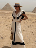 Contrast Patchwork Maxi Skirts 2 Piece Sets Women V Neck Ruffles Sleeve Cropped Top Suit 2024 Elegant Lady Vacation