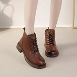Zingj New Cowhide Middle Heel Soft-Soled Women's Short Boots Retro Leisure Leather Martin Boots Warm Women's Cotton