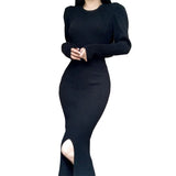 Zingj New Autumn And Winter Style High-Necked Bubble Sleeve Knitted Dress With Buttocks Temperament And A Medium-Length Dress With Forked