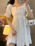 Elegant Women Sweet Lolita Dress 2022 Summer Square Collar Bandage White Princess Dresses Short Sleeve Ruffles