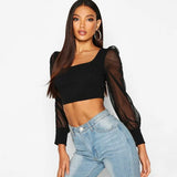Women Blouses Mesh See Through Puff Long Sleeve Crop Tops Office Lady Shirts Square Collar Tops Black White Tops Ropa