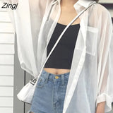 Women Summer Thin Chiffon Soft Breathable Sheer See-through Full Blouses Basic All-match Fashion Female Chic Loose