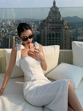 New Elegant Summer Sleeveless White Bodycon Dress Sexy Spaghetti Strap Midi Dress Office Lady Celebrity Party