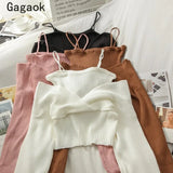 Fake Two Sweater Women Spring Autumn New V-Neck Full Sexy Knitted Sweaters Korean Short Chic Wild Fashion