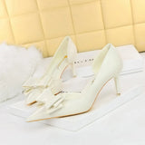 Zingj Korean Version Pedicure Slim And Sweet Women's Shoes Thin Heel High Heel Shallow Tip Side Hollow Bow Single